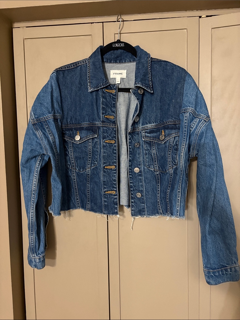 Frame Denim Two-Tone Cropped Blue Denim Jacket